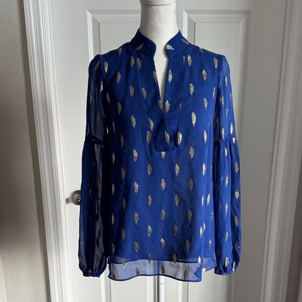Lilly Pulitzer Royal Blue Blouse with Gold Leaf Pattern - Picture 2 of 16